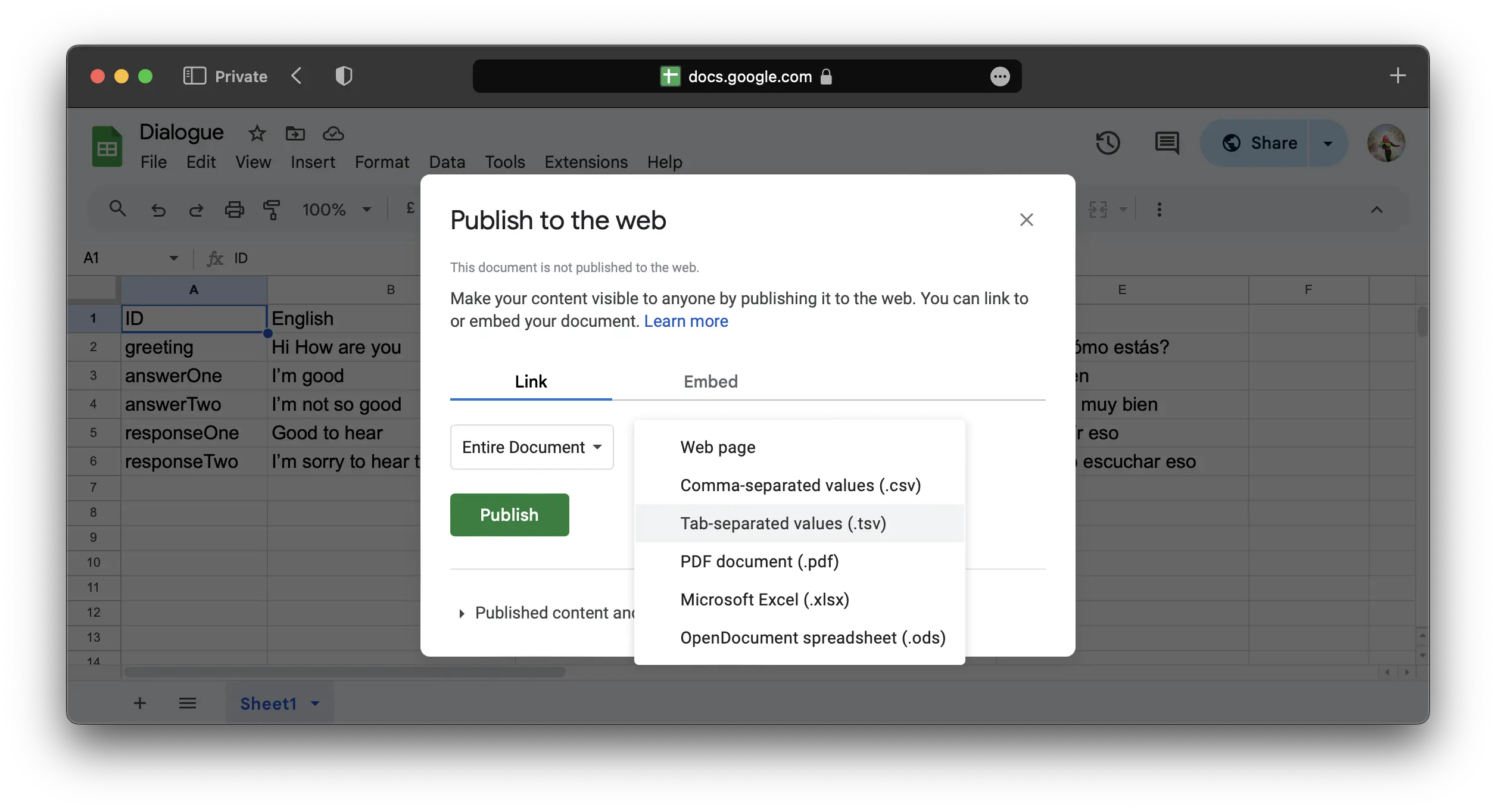 Publish to web using Google Sheet alt_text